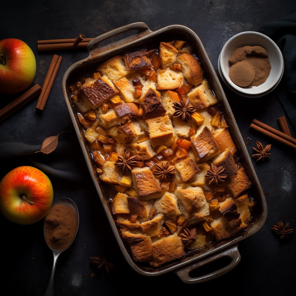 Apple Cinnamon bread pudding on a dark surface.