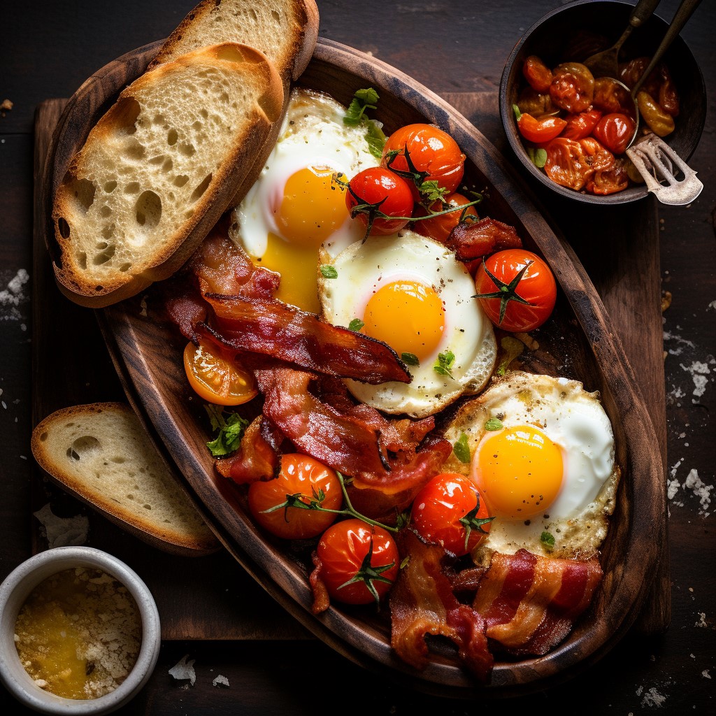 Eggs, bread, bacon, and tomatoes on a wooden board.