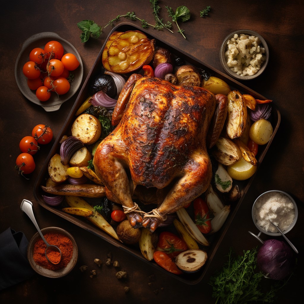 Roasted chicken with root vegetables.