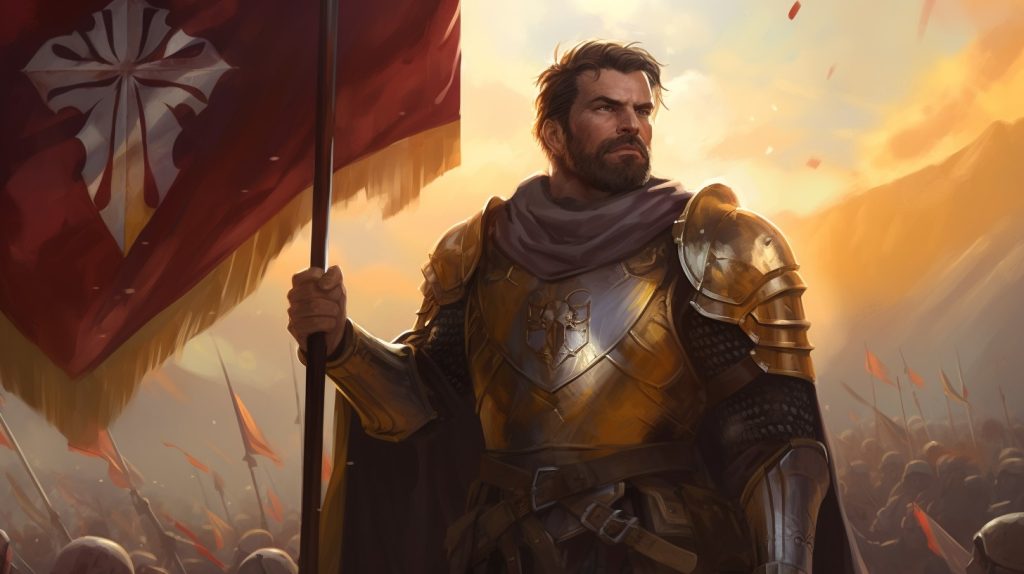 A male paladin holding a banner.